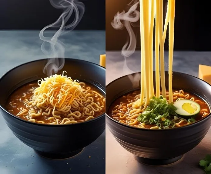 Comparison of failed grated cheese on ramen versus perfect stretchy Oaxaca cheese pull in birria ramen, demonstrating proper melting technique.