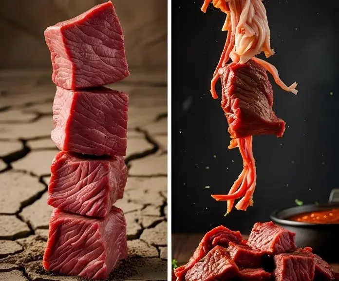 Comparison of tough, dry birria beef versus perfectly tender shredded meat, demonstrating proper cooking time and temperature for authentic texture.
