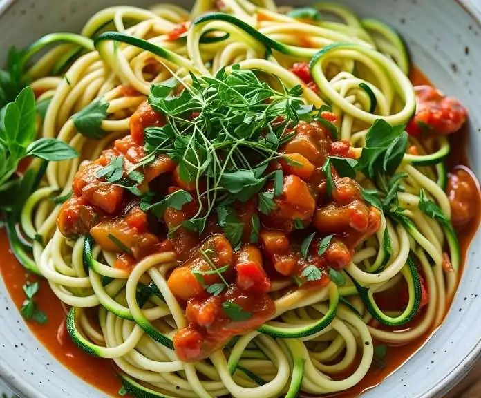 A close-up of a vibrant bowl of low carb pasta with rich sauce and fresh herbs, emphasizing healthy and delicious eating.
