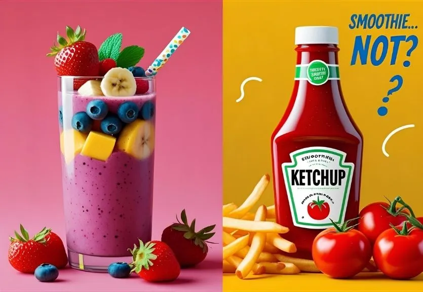 Side-by-side comparison of a fruit smoothie and a ketchup bottle, illustrating the myth about ketchup being a smoothie.