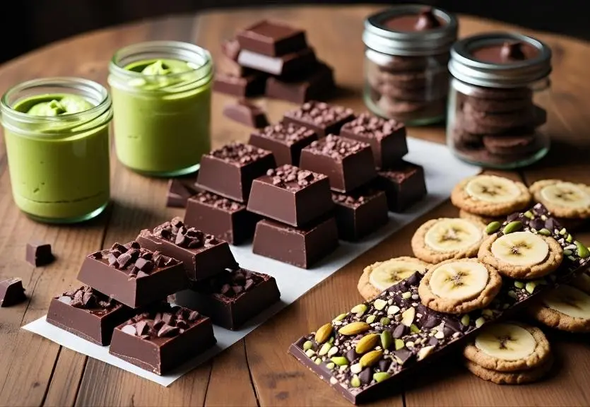 Late healthy chocolate desserts including avocado mousse, vegetarian dark chocolate fuses, bananas oatmeal cookies, and Nuts with Greek curd chocolate bark.