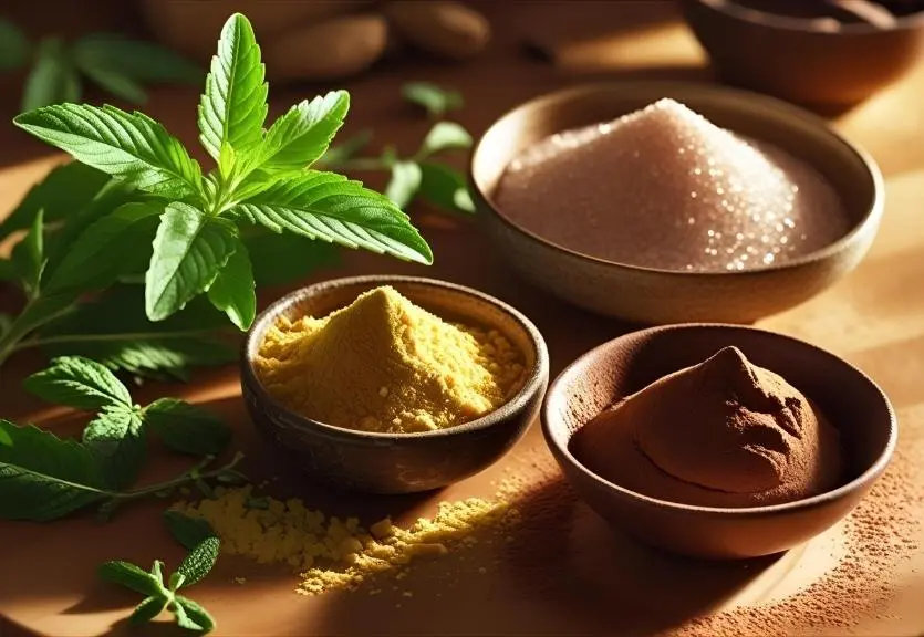 Natural sweeteners including stevia leaves, monk fruit powder, erythritol crystals, and cocoa powder arranged alongside a homemade chocolate dessert.