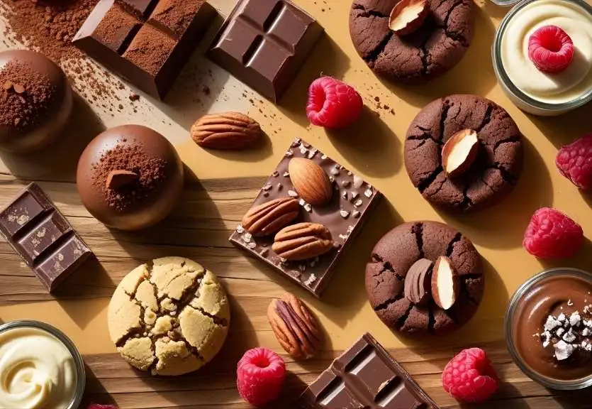 Assortment of healthy chocolate desserts tailored for keto, paleo, gluten-free, and vegan diets, displayed with fresh ingredients on a wooden table.