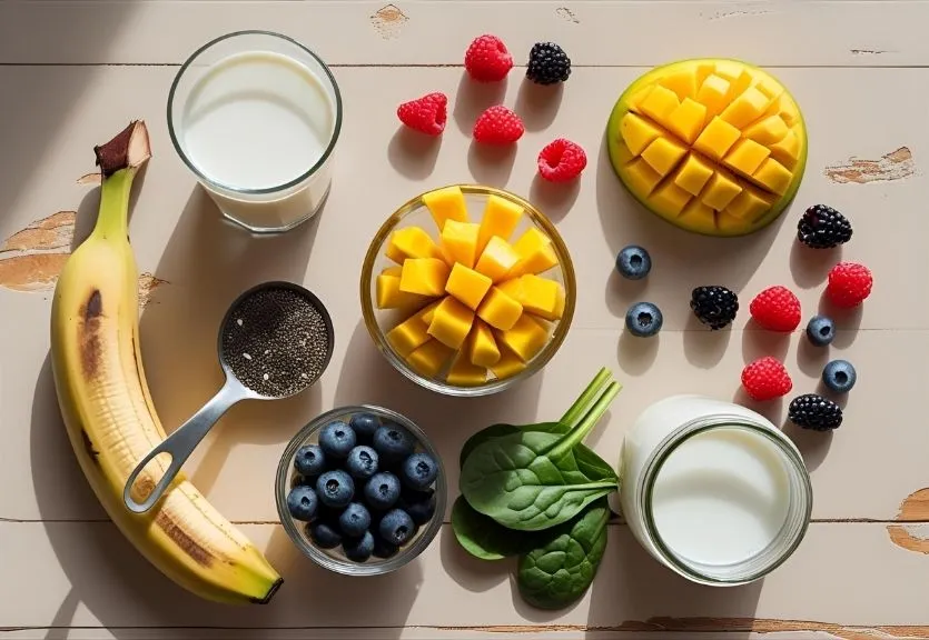 A flat-lay of essential ingredients for a fruit smoothie without yogurt including banana, mango, berries, almond milk, and chia seeds.