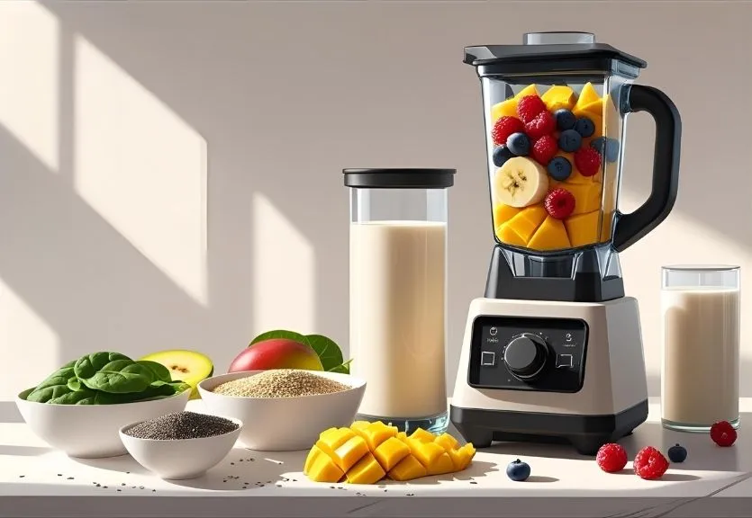 A blender filled with fruit and almond milk surrounded by smoothie ingredients like chia seeds, spinach, and coconut milk on a counter.