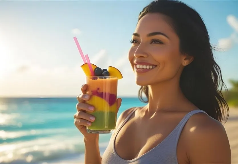 A smiling woman holding a colorful fruit smoothie without yogurt, surrounded by sunlight and greenery, representing health and energy.