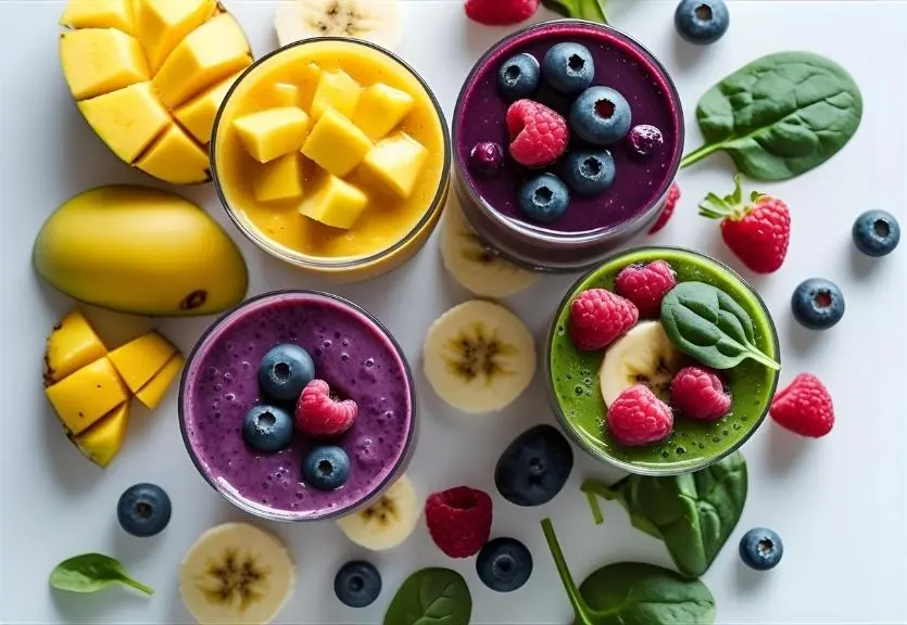 Three colorful fruit smoothies without yogurt—tropical, berry, and green—displayed with their ingredients on a bright kitchen counter.