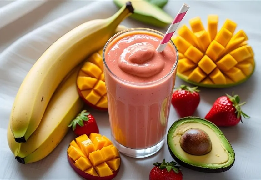A creamy fruit smoothie without yogurt in a glass surrounded by fresh bananas, strawberries, mango, and avocado.