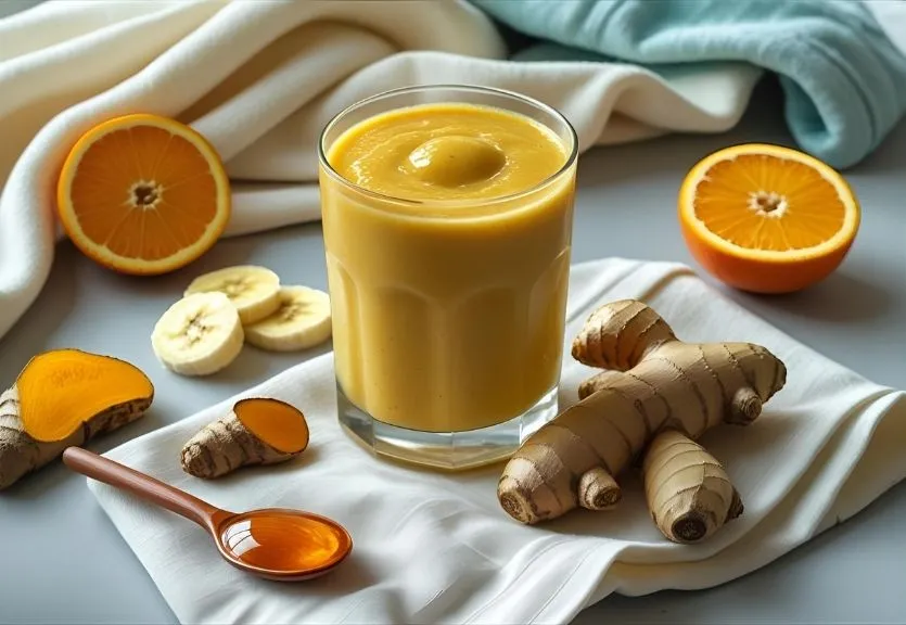 Dairy-free fruit smoothie with ginger, orange, banana, and turmeric, styled for comfort during illness.