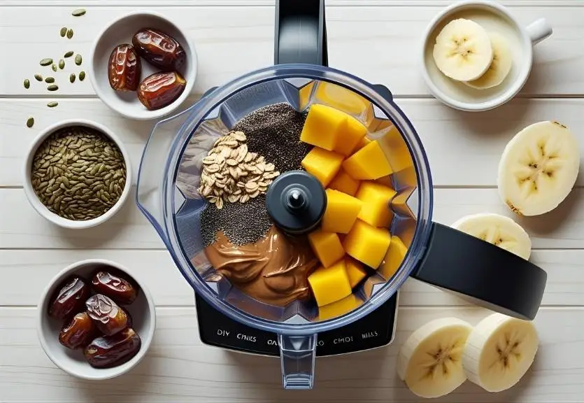 Customizable fruit smoothie ingredients without yogurt, including banana, chia seeds, dates, and almond milk on a kitchen counter.