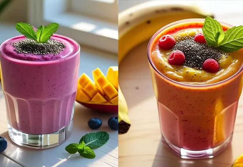 A creamy fruit smoothie without yogurt made from mango, banana, and berries in a clear glass topped with chia seeds and mint.