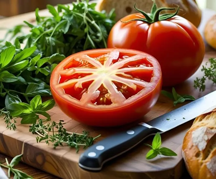 A sliced beefsteak tomato on a wooden cutting board surrounded by fresh herbs and bread in a cozy kitchen setting.