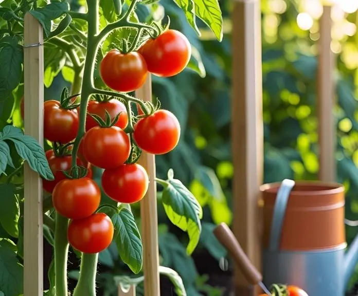 Beefsteak tomato plants growing in a home garden, heavy with ripe red tomatoes and supported by stakes.