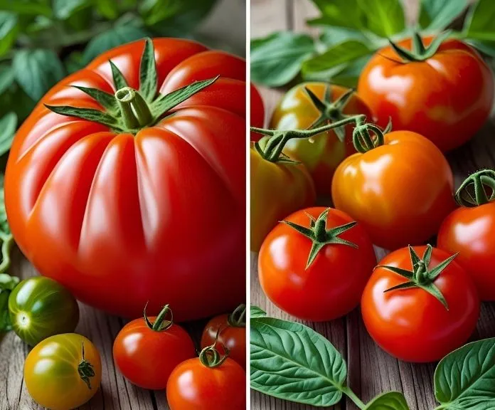 A comparison between a large beefsteak tomato and smaller tomato varieties including Roma and cherry tomatoes on a wooden surface.