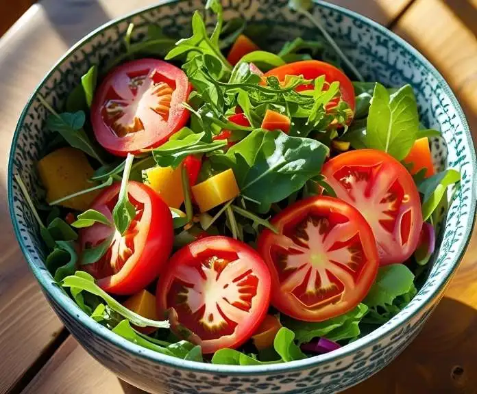 A bowl of fresh salad featuring sliced beefsteak tomatoes, greens, and vegetables, symbolizing health benefits.