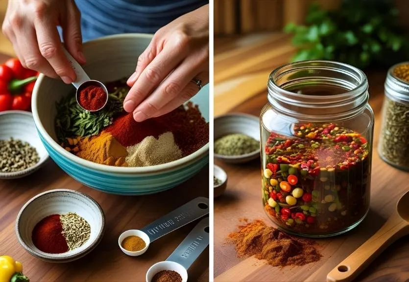 Hands mixing chili seasoning spices in a bowl, measuring spoons with spices, and a jar of homemade chili seasoning on a wooden countertop.