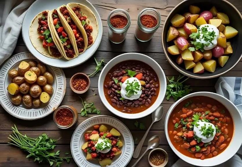 A variety of dishes seasoned with chili seasoning, including tacos, roasted potatoes, black bean soup, and chili, displayed on a rustic wooden table.