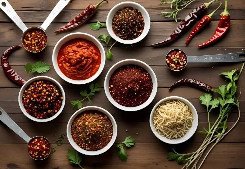 Three small bowls with different chili seasoning variations—mild, smoky chipotle, and low-sodium—on a rustic wooden surface with dried chilies and fresh herbs.