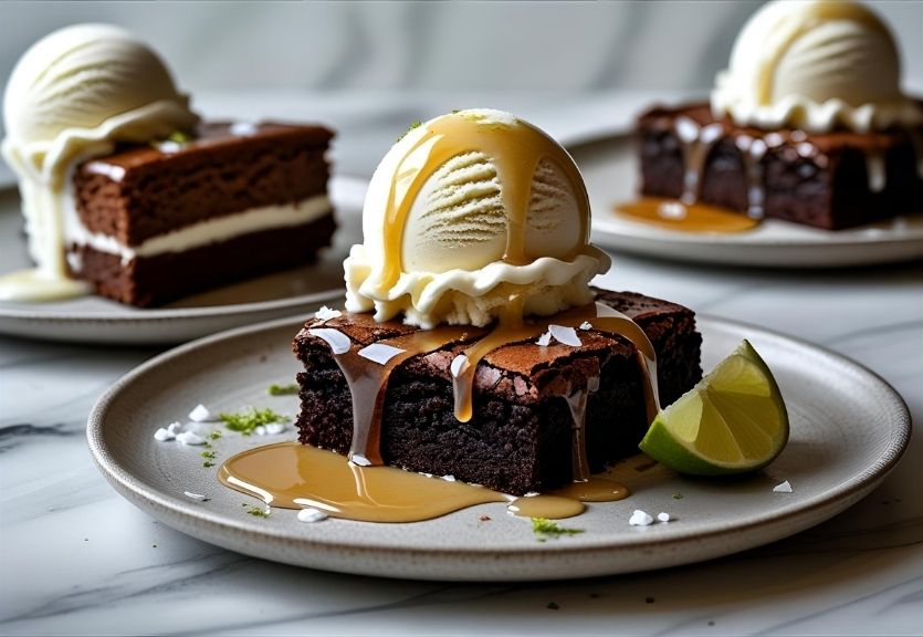 Vanilla ice cream and chocolate cake drizzled with coconut syrup and topped with lime zest