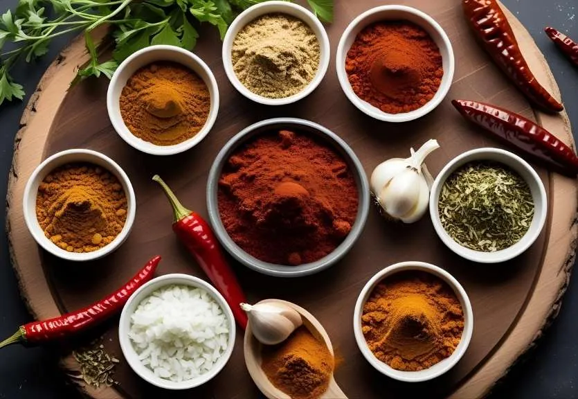 Close-up overhead view of chili seasoning ingredients in bowls, including chili powder, cumin, paprika, garlic powder, and cayenne pepper on a wooden board.