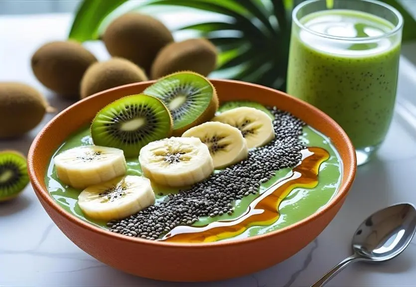 Smoothie bowl topped with fruit and coconut syrup drizzle, next to a tropical smoothie