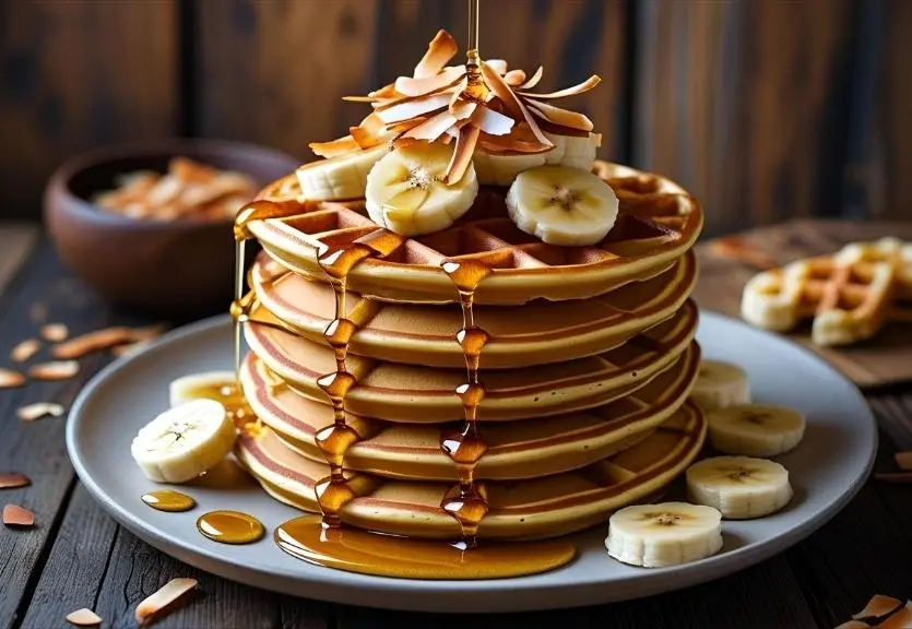 Pancakes and waffles drizzled with coconut syrup and topped with banana slices and toasted coconut