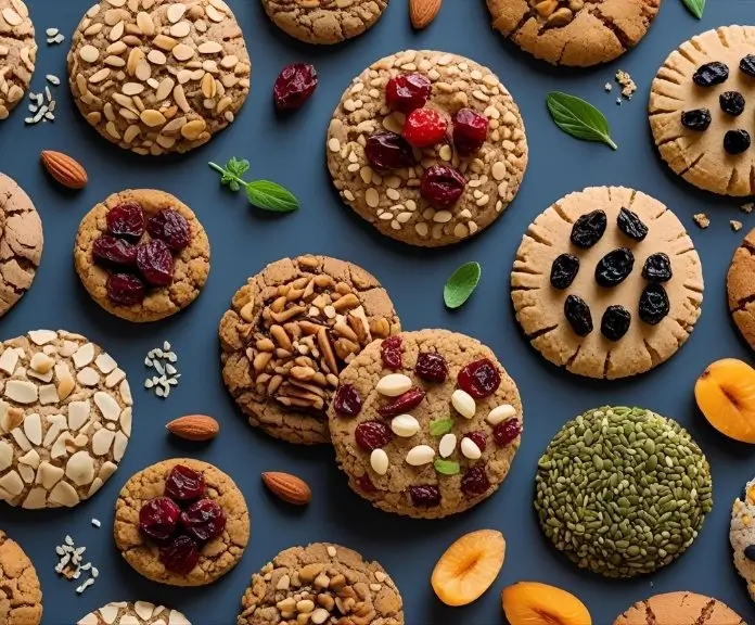 Various healthy cookies made with oats, nuts, seeds, and natural sweeteners that are gluten-free, vegan, and low-sugar.