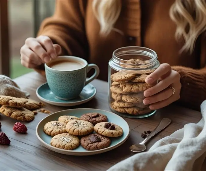 A person is sitting in a cozy kitchen with fresh fruit and natural ingredients around them, enjoying a plate of healthy cookies and a cup of coffee.