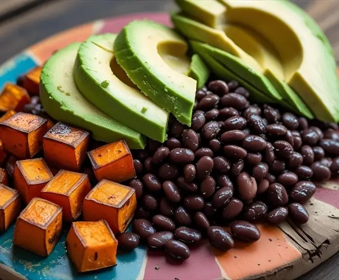 For breakfast burrito filling, cut up fresh sweet potatoes, black beans, and avocado.
