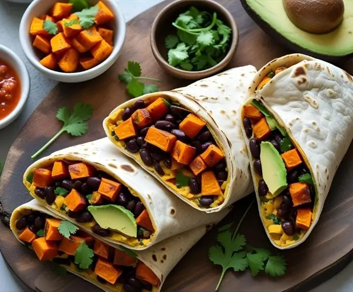 Three breakfast burritos cut in half to show the roasted sweet potatoes, black beans, and avocado fillings. They come with salsa and lime.