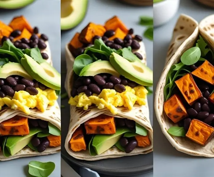 How to make a healthy breakfast burrito with scrambled eggs, sweet potatoes, black beans, avocado, and greens in a whole wheat tortilla.
