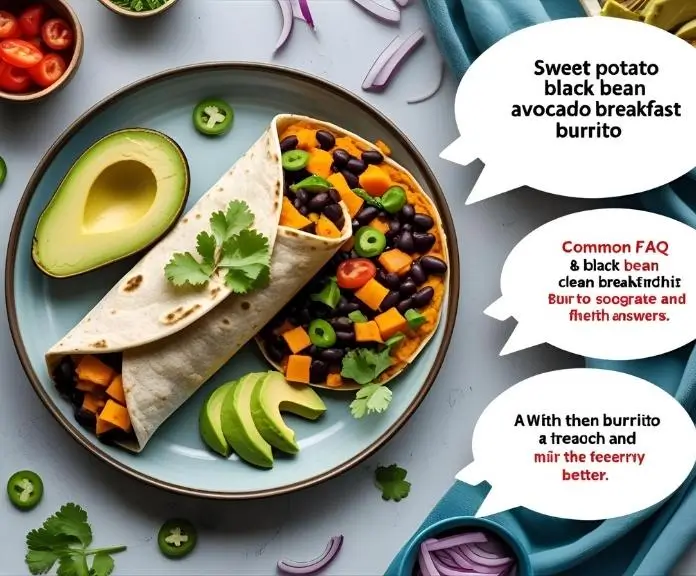 An infographic with a picture of a plated burrito that shows common questions and answers about sweet potato, black bean, and avocado breakfast burritos.