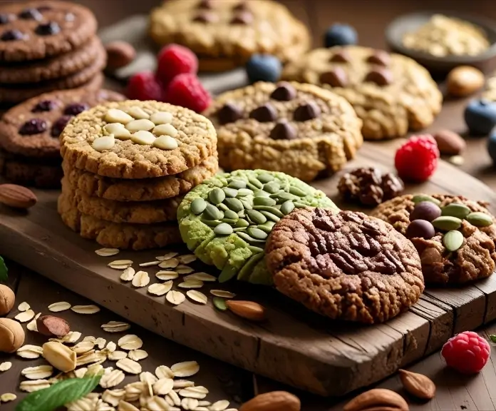 The image captures a close-up view of a range of nutritious cookies, adorned with nuts, oats, and seeds, situated on a rough wooden surface, surrounded by fresh berries.