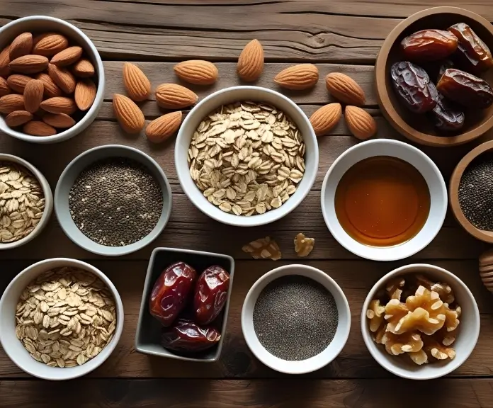 A close-up of the healthy cookie ingredients that give you energy, like almonds, walnuts, oats, flaxseeds, chia seeds, dates, honey, and maple syrup, on a rough wooden surface.