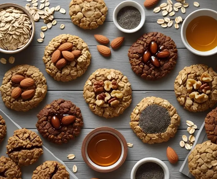 A wooden board holds a variety of healthful homemade cookies, accompanied by oats, almonds, walnuts, chia seeds, and bowls filled with honey and maple syrup.