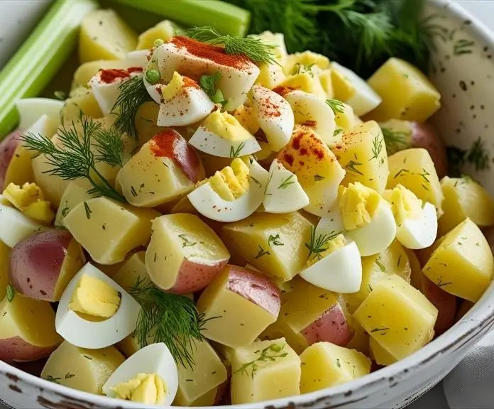 In a white serving bowl, there's creamy deviled egg potato salad with diced potatoes, chopped hard-boiled eggs, paprika, and fresh green herbs.