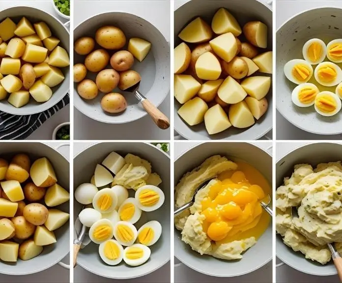 Boil the potatoes, chop the hard-boiled eggs, make the creamy yolk dressing, mix the salad, and then add the paprika and herbs to the top.
