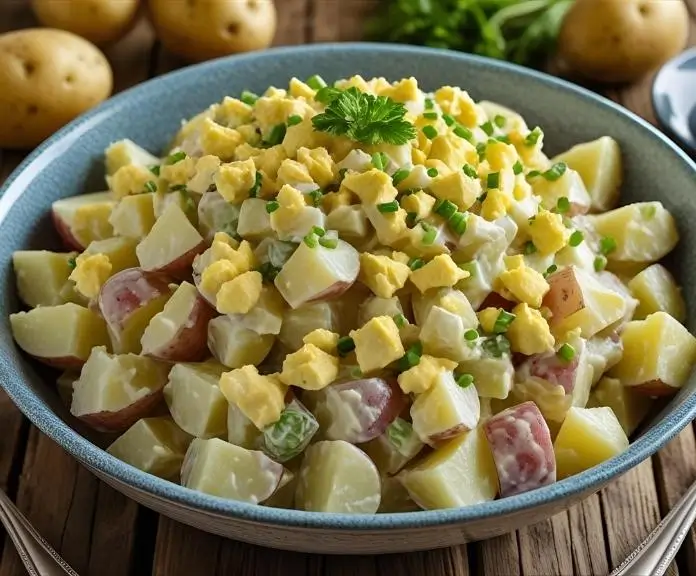 A rustic bowl of creamy deviled egg potato salad with big pieces of potatoes and eggs. Fresh ingredients and step-by-step process highlights are all around it.