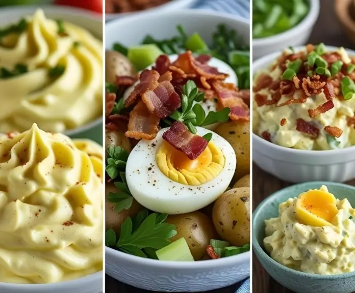 Different kinds of deviled egg potato salad bowls with fresh herbs, bacon bits, and creamy dressings, like classic, bacon-herb, and mustard-forward.
