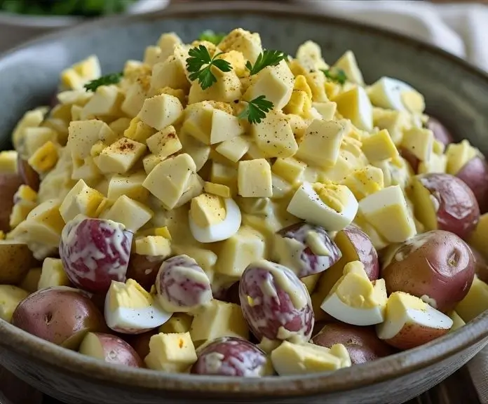 A rustic bowl of creamy deviled egg potato salad with diced potatoes, chopped egg whites, and mustard-mayo dressing, topped with paprika and chives.