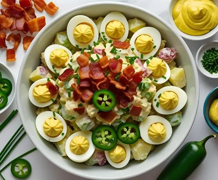 A bowl of deviled egg potato salad with toppings like bacon bits, jalapeños, mustard, and fresh herbs on a rough wooden surface.