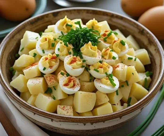A rustic bowl of creamy deviled egg potato salad with paprika and fresh chives on top, perfect for a Southern picnic or potluck.