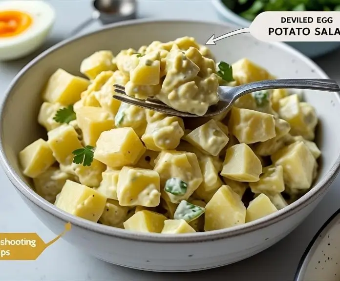 Deviled Egg Potato Salad in a bowl with visual aids to help you fix common problems like watery texture, flavor balance, and freshness.