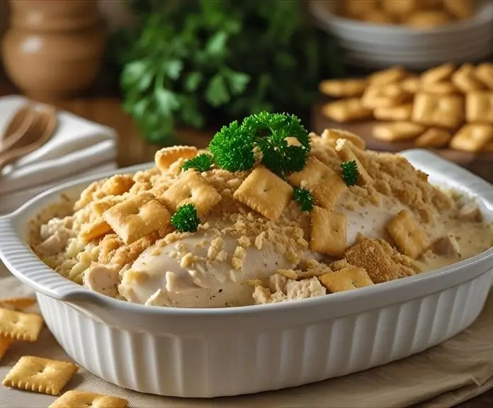 A white dish featuring a baked chicken casserole with Ritz cracker topping and creamy chicken filling.