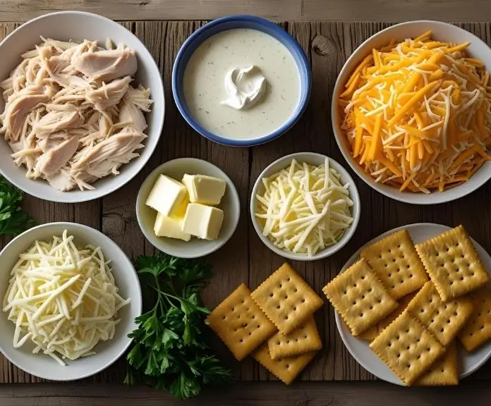 The ingredients for a creamy chicken casserole and Ritz crackers are arranged on a wooden table.
