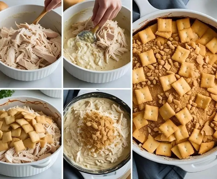 Step-by-step instructions for making a creamy chicken casserole with a topping of Ritz crackers.

