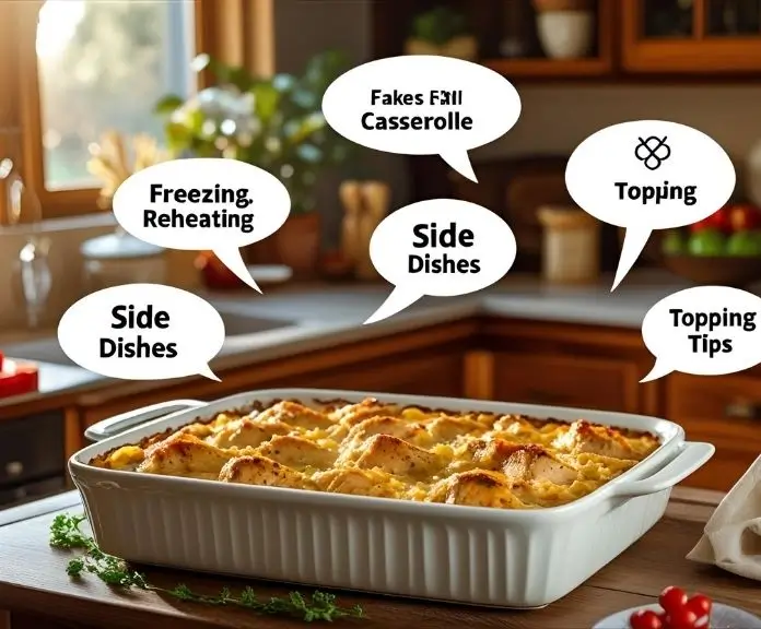 Chicken casserole with Ritz crackers around it and illustrated tips for cooking, storing, and serving.
