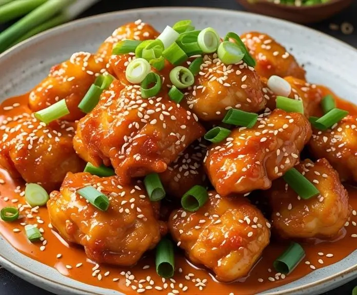 Crispy golden bang bang chicken pieces are generously covered in creamy, spicy bang bang sauce and served on a rustic plate with sliced green onions and toasted sesame seeds.