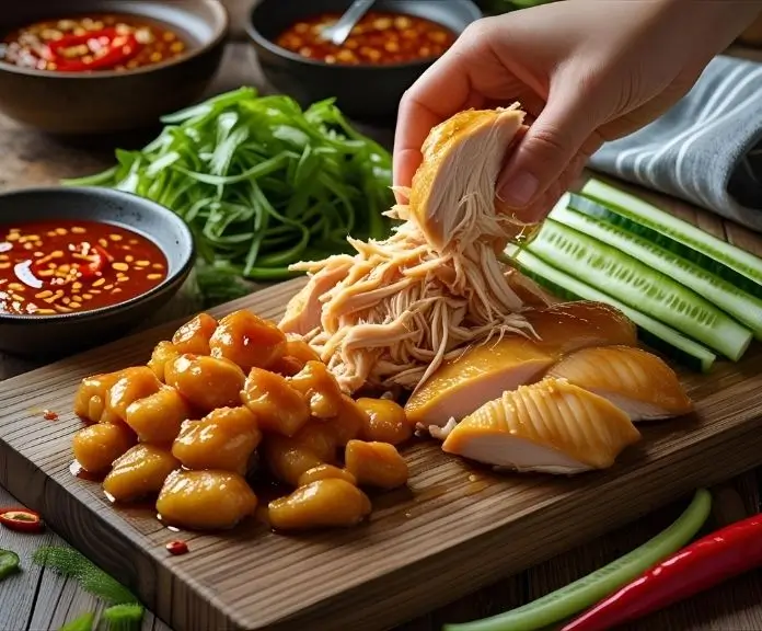 There was a bowl of spicy sesame bang bang sauce with ginger and scallions next to tender poached chicken breasts that had been shredded on a wooden board.