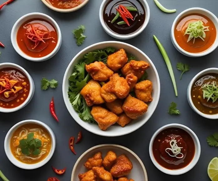 A rustic wooden table with seven small bowls of bang bang chicken sauces and toppings, surrounded by crispy golden Bang Bang Chicken Recipe pieces and fresh ingredients.